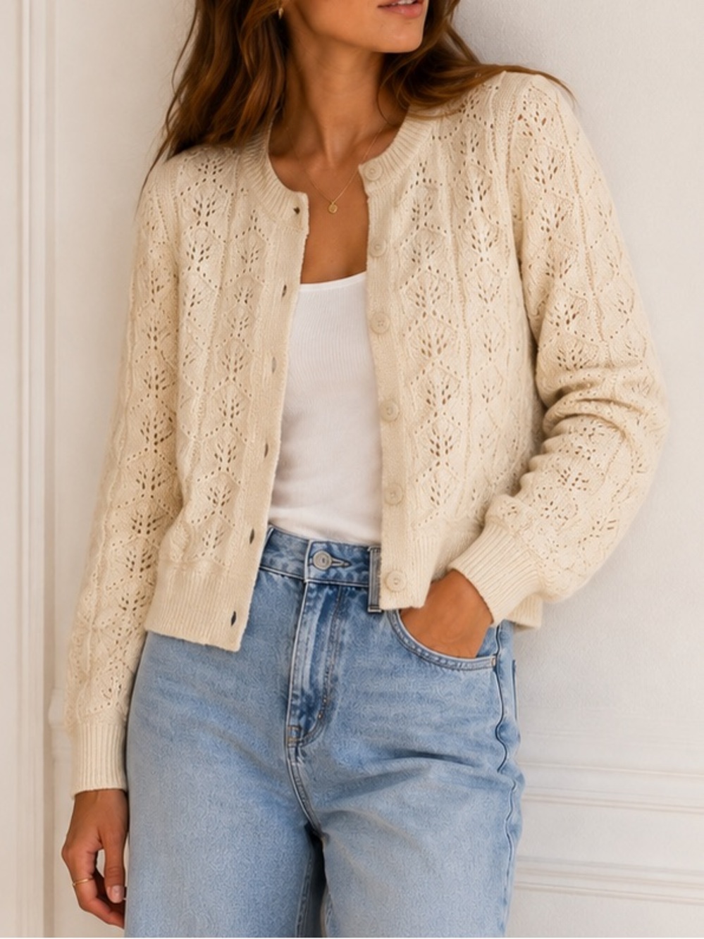 GAP XS Cream Ivory Openwork Knit Cardigan Alpaca Wool Blend Button Front